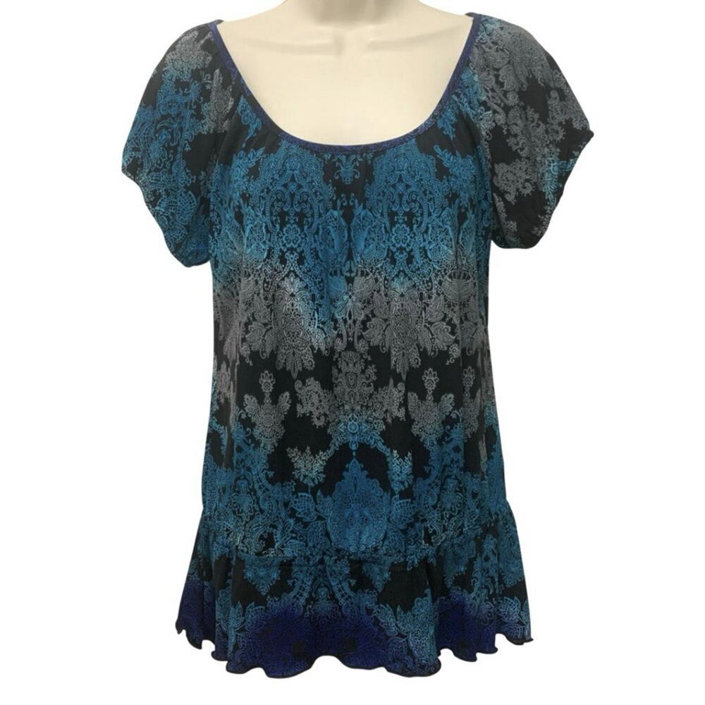 Suzie Couture Womens Sz M Top Blue Turquoise Paisley Boho Peplum Stretch NWT